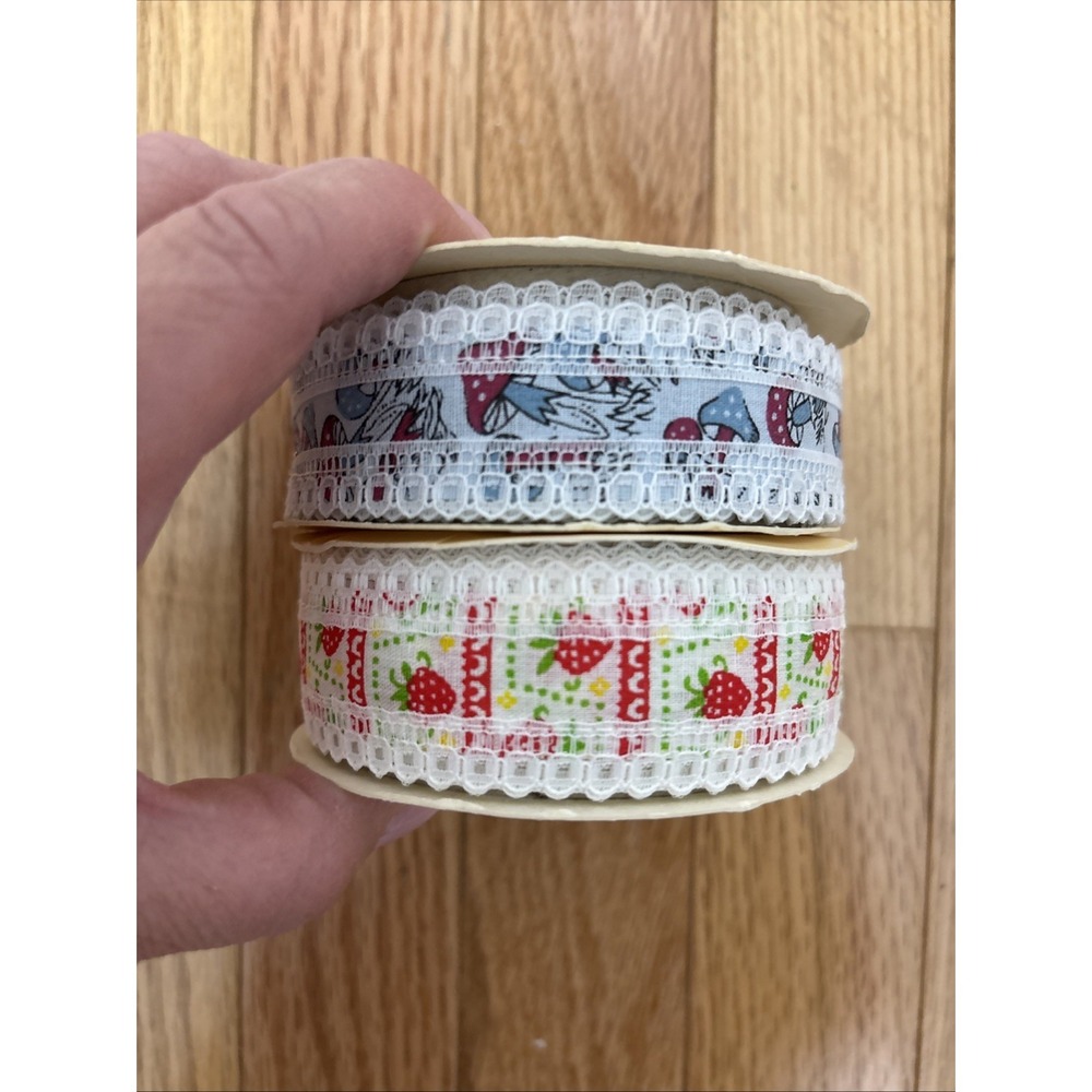 Vintage Embroidered Knitted Ribbon Bundle Of 2 - Strawberry & Mushroom